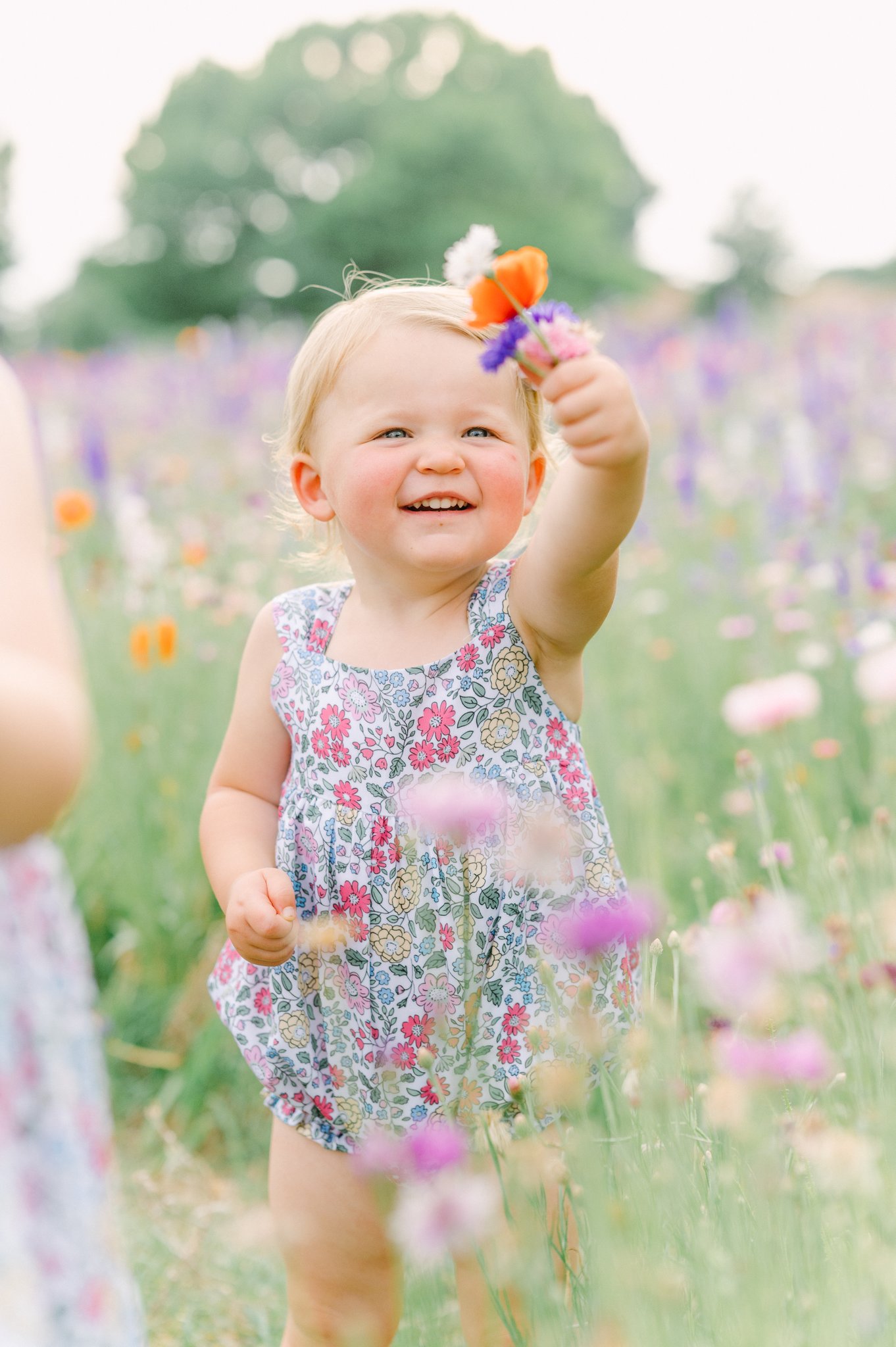 Little girl holding up a flower and smiling.