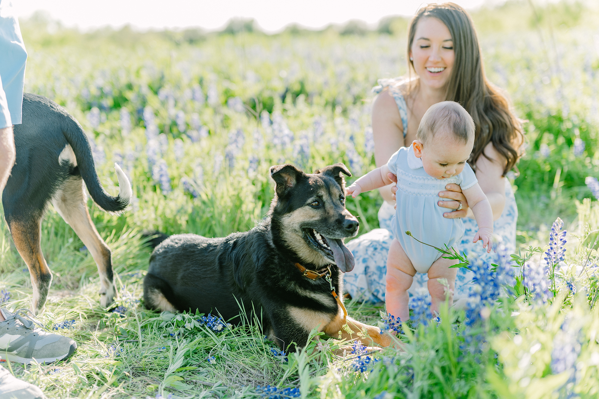 Mother sitting in a field with her baby and puppy using Pottery Barn Kids accessories.